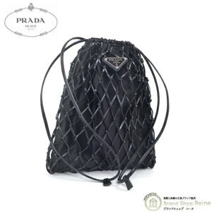 Prada Satin Leather Mesh Drawstring 2Way Bucket Shoulder Bag Black